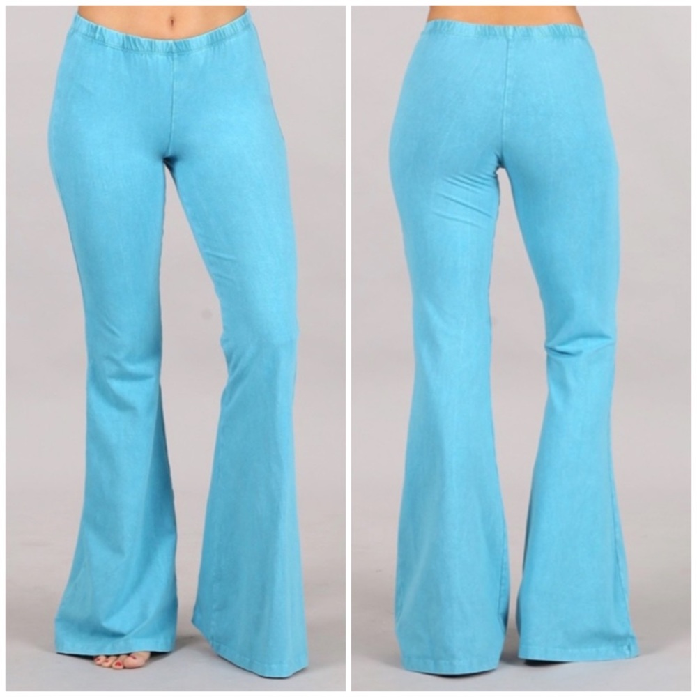 Bright Aqua Blue Boho Mineral Wash Stretch Flared Bell Bottom Casual Pants